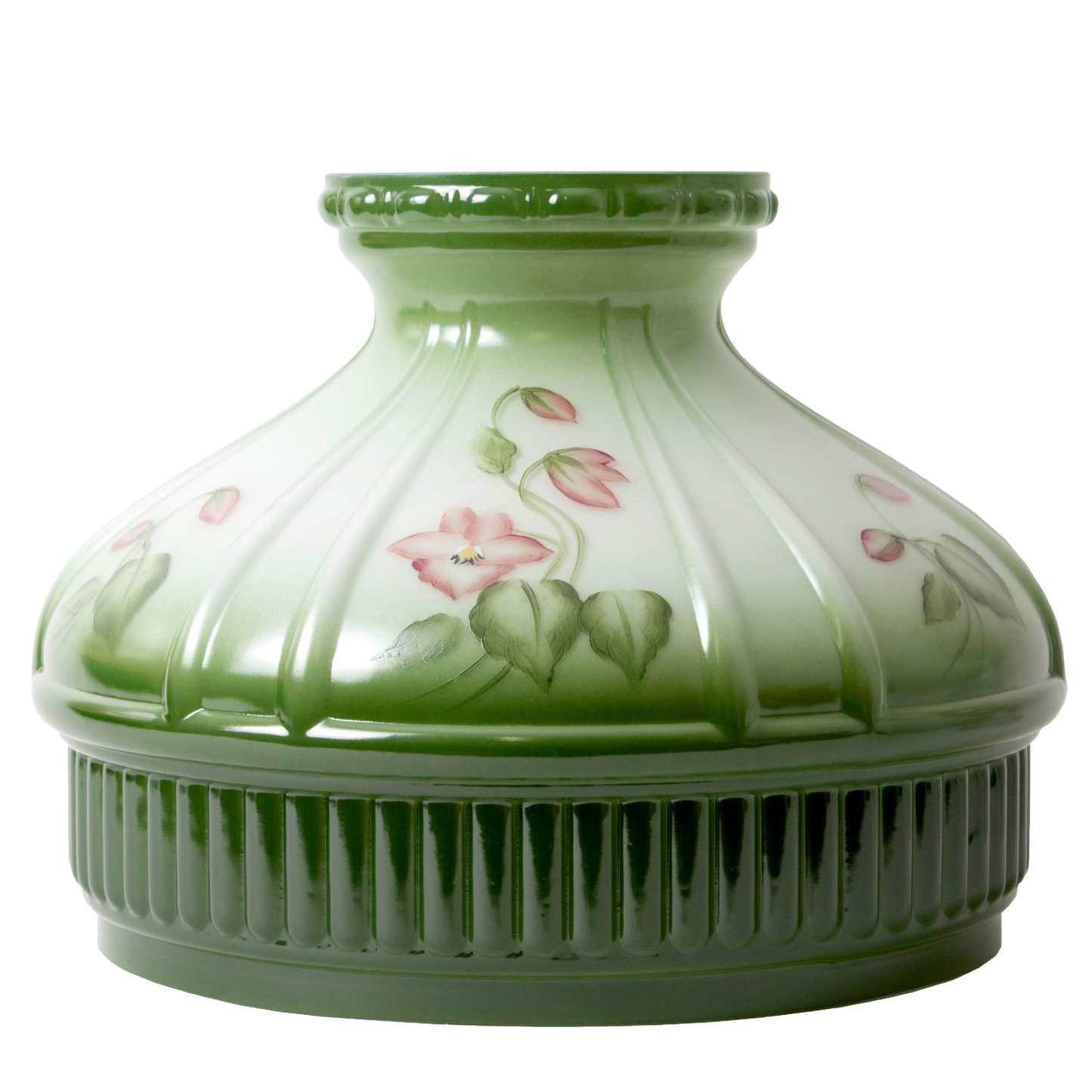 Hand-molded glass oil lamp shade in soft green fading to white with delicate violet floral accents, perfect for Lamps & Lighting and Parts and Accessories collections.