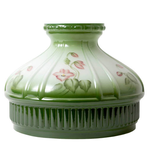 Hand-molded glass oil lamp shade in soft green fading to white with delicate violet floral accents, perfect for Lamps & Lighting and Parts and Accessories collections.