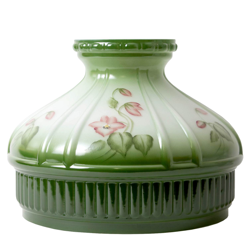 Hand-molded glass oil lamp shade in soft green fading to white with delicate violet floral accents, perfect for Lamps & Lighting and Parts and Accessories collections.