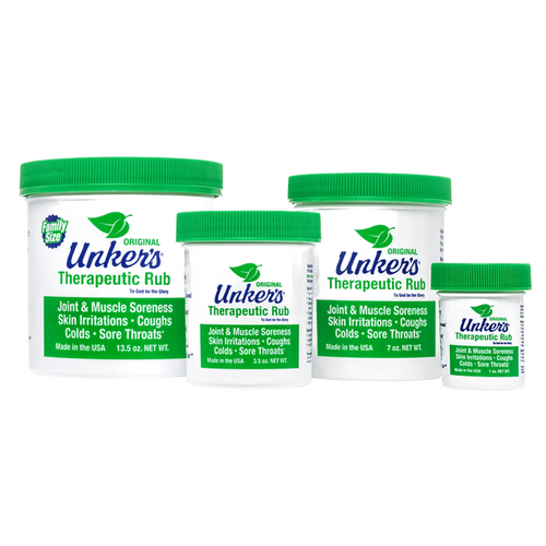 Set of handcrafted Unker’s Therapeutic Rub containers in varying sizes with green lids, made in USA, soothing joint and muscle soreness, skin irritations, coughs, and sore throats, featured in Health & Wellness, Health Remedies, USA Made, Best Sellers, and Promo Eligible collections.