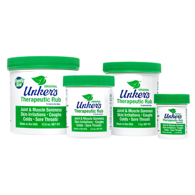 Set of handcrafted Unker’s Therapeutic Rub containers in varying sizes with green lids, made in USA, soothing joint and muscle soreness, skin irritations, coughs, and sore throats, featured in Health & Wellness, Health Remedies, USA Made, Best Sellers, and Promo Eligible collections.