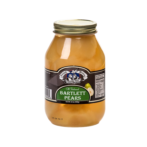 Clear glass jar filled with halved Bartlett pears in syrup, sealed with a gold metal lid, handcrafted and made in USA, featured in Kitchen & Food, Snacks and Sweets, Pantry, Best Sellers, and Promo Eligible collections.
