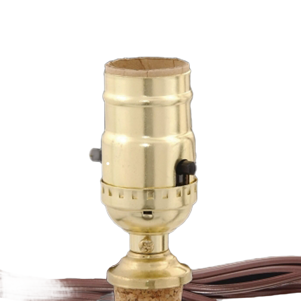 Brass-plated push-thru socket with cut-to-size cork adapter, adjustable from 1/2" to 1-1/4" outer diameter, featuring a six-foot cord and UL-listed components for electric conversion in lamps, included in Lamps & Lighting, Parts and Accessories, and Best Sellers collections.