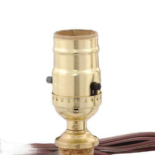 Brass-plated push-thru socket with cut-to-size cork adapter, adjustable from 1/2" to 1-1/4" outer diameter, featuring a six-foot cord and UL-listed components for electric conversion in lamps, included in Lamps & Lighting, Parts and Accessories, and Best Sellers collections.
