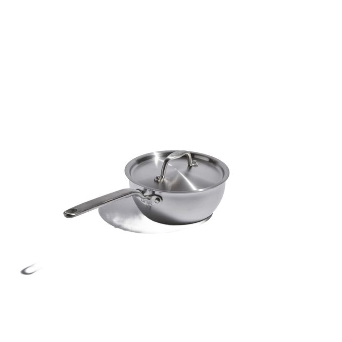 Handcrafted stainless steel saucier with lid featuring fully clad 5-ply construction, ideal for Kitchen & Food, Cookware, Pots and Pans, Best Sellers, and Promo Eligible collections.