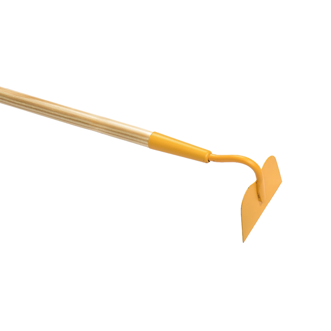 Yellow-handled durable gardening hoe designed for children, featuring a wooden shaft and metal blade, ideal for outdoor play, children's toys, and best seller collections.