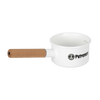 White enamel pan with a wooden handle and internal measurement lines in liters, crafted for easy outdoor cooking and camping in Farm, Garden & Tool, Kitchen & Food, Camping, Cookware, and Best Sellers collections.