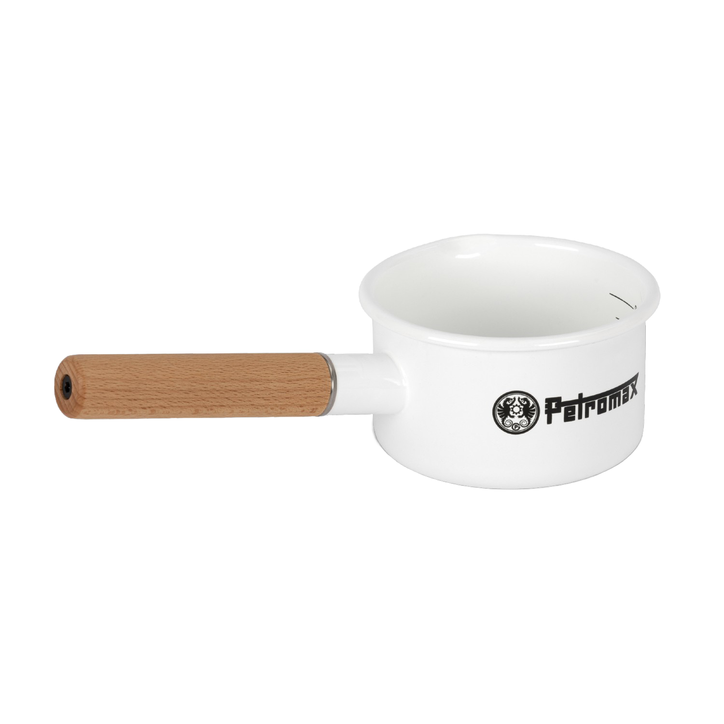 White enamel pan with a wooden handle and internal measurement lines in liters, crafted for easy outdoor cooking and camping in Farm, Garden & Tool, Kitchen & Food, Camping, Cookware, and Best Sellers collections.