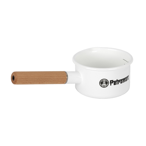 White enamel pan with a wooden handle and internal measurement lines in liters, crafted for easy outdoor cooking and camping in Farm, Garden & Tool, Kitchen & Food, Camping, Cookware, and Best Sellers collections.