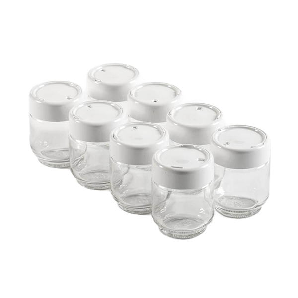 Set of eight clear glass jars with white plastic screw-on lids featuring a date-saver, designed for homemade yogurt, perfect for Kitchen & Food, Specialty Equipment, and DIY Cheese collections.