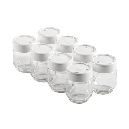 Set of eight clear glass jars with white plastic screw-on lids featuring a date-saver, designed for homemade yogurt, perfect for Kitchen & Food, Specialty Equipment, and DIY Cheese collections.