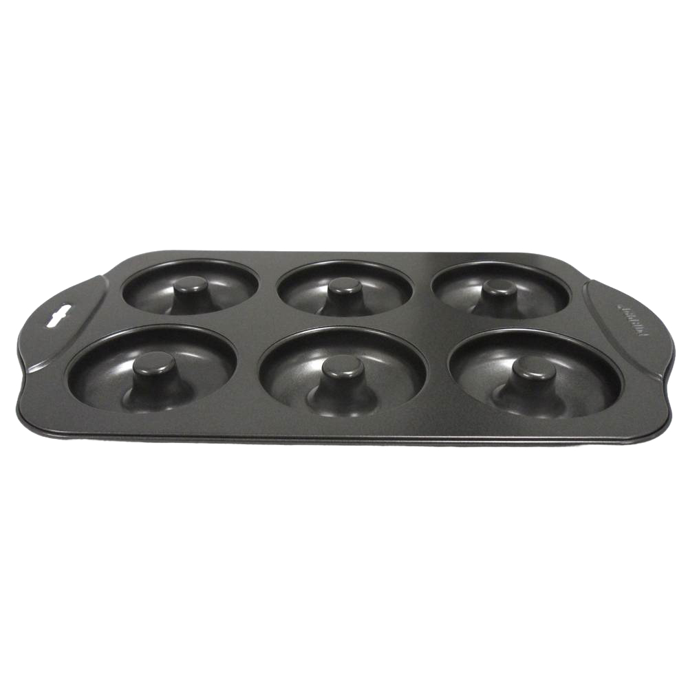 Handcrafted durable nonstick donut pan with six 3-1/2 inch cavities for low-fat baking, featured in Kitchen & Food, Cookware, Baking Supplies, Kitchen Gadgets, Cooking and Baking Helpers, Best Sellers, and Promo Eligible collections.