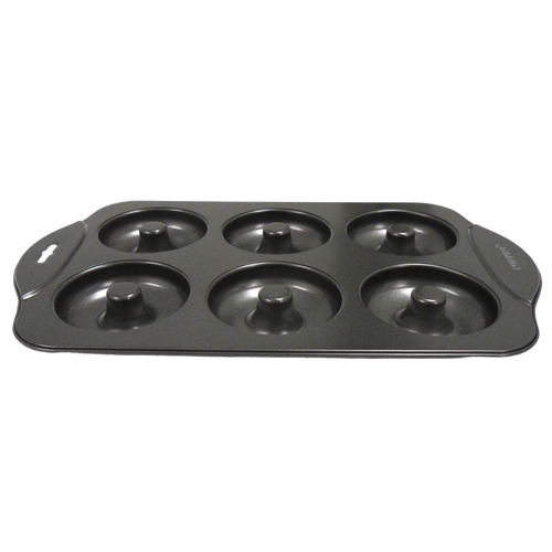 Handcrafted durable nonstick donut pan with six 3-1/2 inch cavities for low-fat baking, featured in Kitchen & Food, Cookware, Baking Supplies, Kitchen Gadgets, Cooking and Baking Helpers, Best Sellers, and Promo Eligible collections.