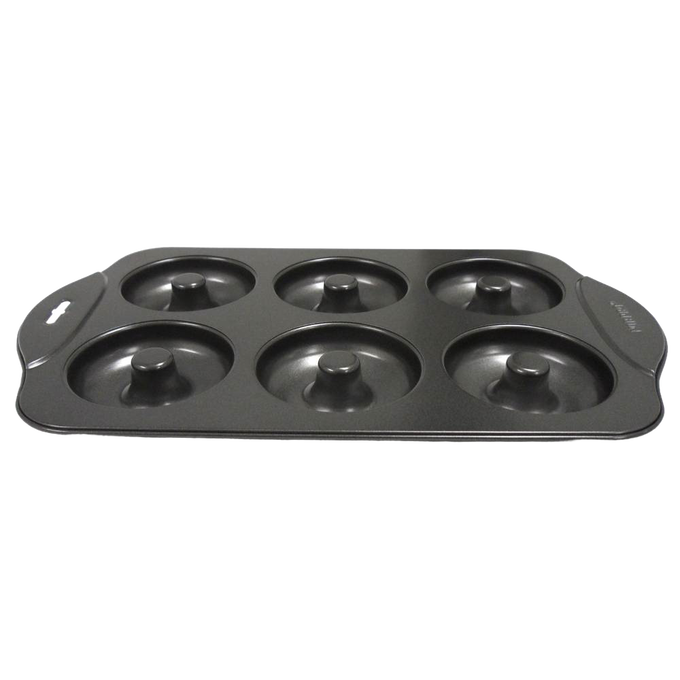 Handcrafted durable nonstick donut pan with six 3-1/2 inch cavities for low-fat baking, featured in Kitchen & Food, Cookware, Baking Supplies, Kitchen Gadgets, Cooking and Baking Helpers, Best Sellers, and Promo Eligible collections.