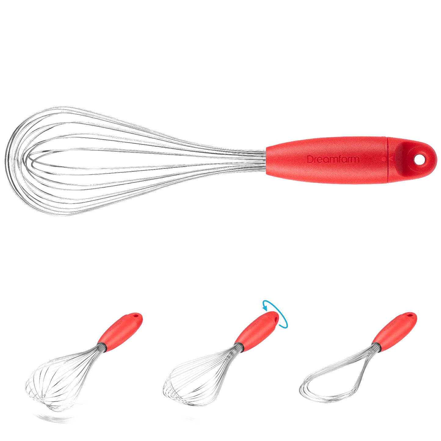 Red-handled whisk with stainless steel wires, demonstrating its twist function to convert between balloon, sauce, and flat whisks, ideal for Kitchen & Food, Kitchen Gadgets, Cooking and Baking Helpers, Best Sellers, Promo Eligible collections.