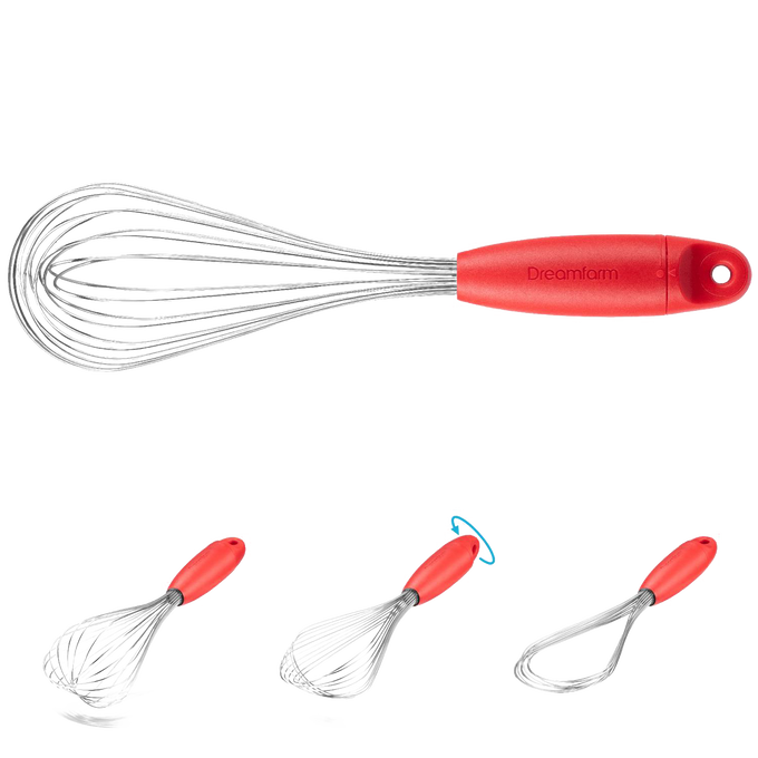 Red-handled whisk with stainless steel wires, demonstrating its twist function to convert between balloon, sauce, and flat whisks, ideal for Kitchen & Food, Kitchen Gadgets, Cooking and Baking Helpers, Best Sellers, Promo Eligible collections.