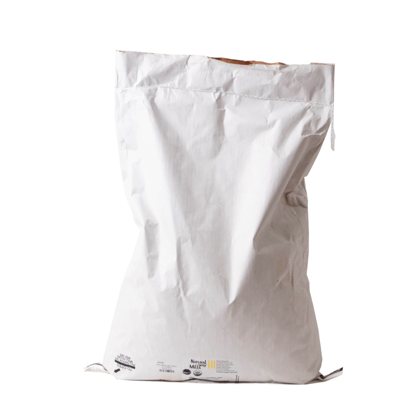 Large 25-pound white paper bag of organic hulled barley groats, USA grown, suitable for pantry, kitchen, and emergency supplies collections.