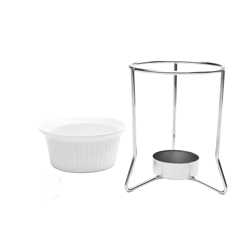 Set of 2 classic white ceramic butter warmers with metal stands designed to gently heat butter or delicate sauces, featured in Kitchen & Food, Storage and Serving, and Best Sellers collections.