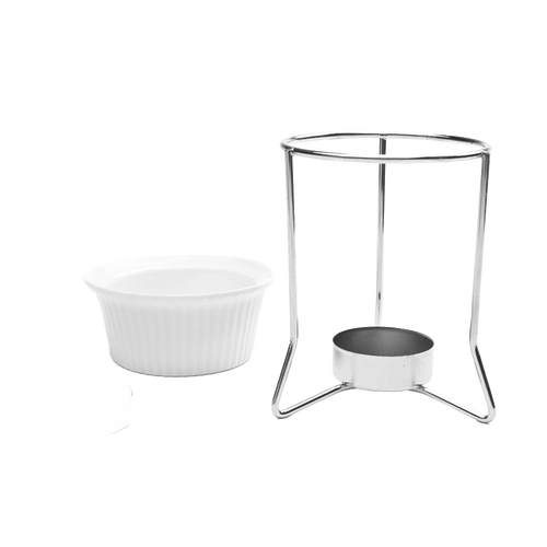 Set of 2 classic white ceramic butter warmers with metal stands designed to gently heat butter or delicate sauces, featured in Kitchen & Food, Storage and Serving, and Best Sellers collections.