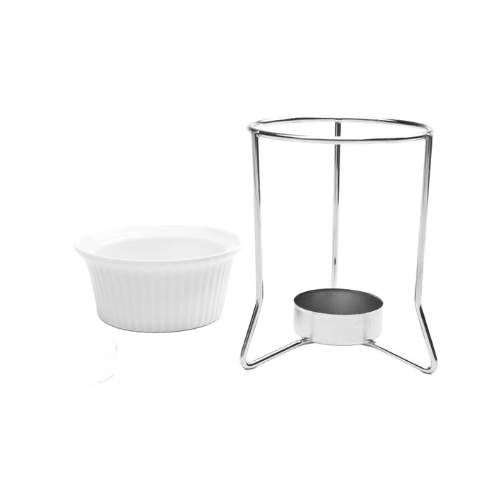 Set of 2 classic white ceramic butter warmers with metal stands designed to gently heat butter or delicate sauces, featured in Kitchen & Food, Storage and Serving, and Best Sellers collections.