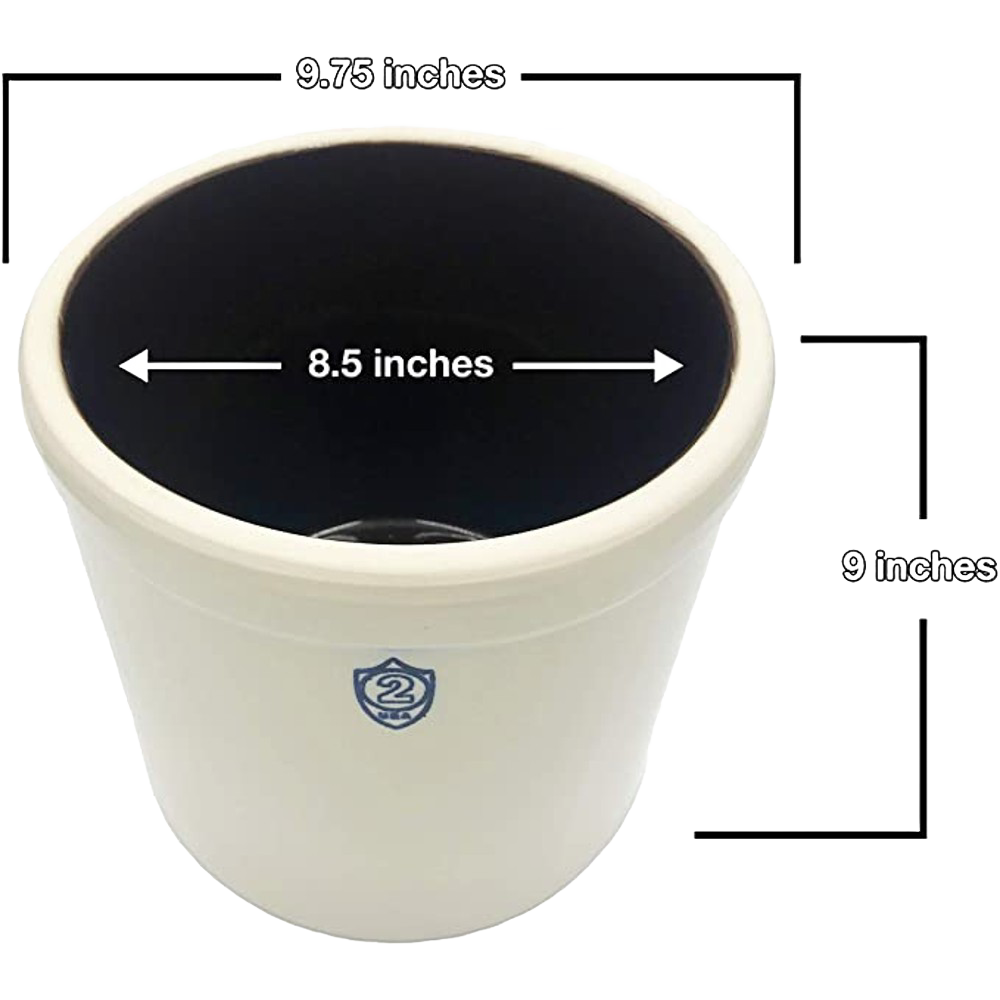 Cream-colored stoneware crock with a blue number 2 gallon stamp, measuring 8.5 inches across and 9 inches tall, handcrafted and made in USA for food preservation and fermenting.