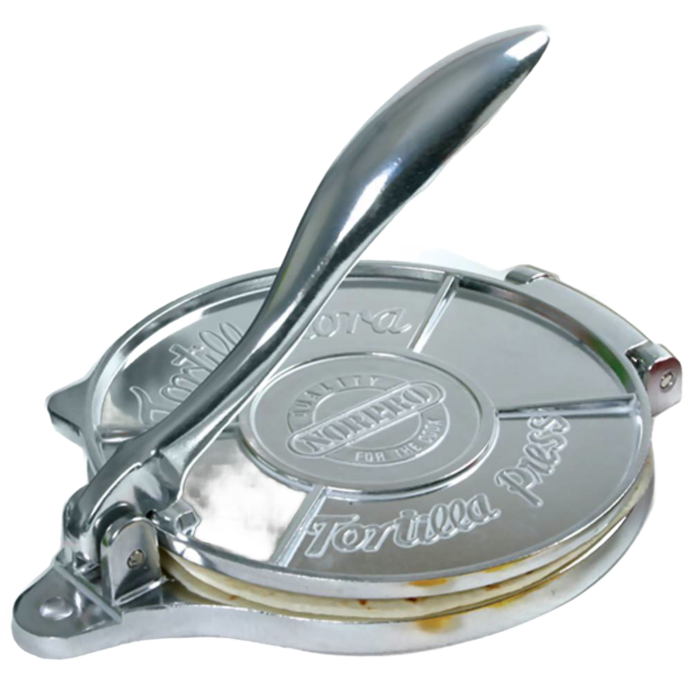 Heavy-duty cast aluminum tortilla press with a smooth lever handle for even dough pressing, featured in Kitchen & Food, Cookware, Baking Supplies, Best Sellers, and Promo Eligible collections.