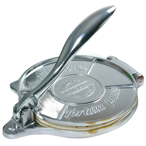 Heavy-duty cast aluminum tortilla press with a smooth lever handle for even dough pressing, featured in Kitchen & Food, Cookware, Baking Supplies, Best Sellers, and Promo Eligible collections.