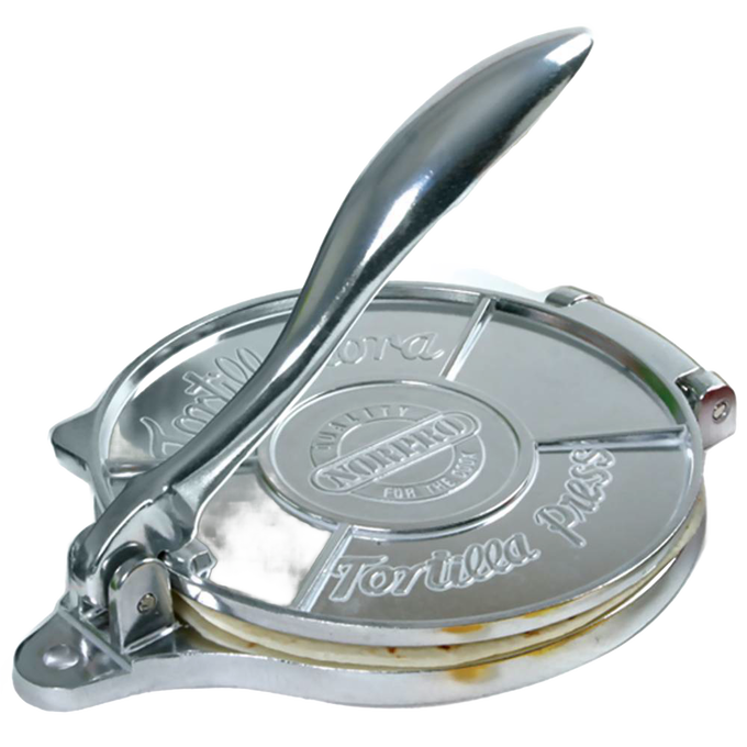 Heavy-duty cast aluminum tortilla press with a smooth lever handle for even dough pressing, featured in Kitchen & Food, Cookware, Baking Supplies, Best Sellers, and Promo Eligible collections.