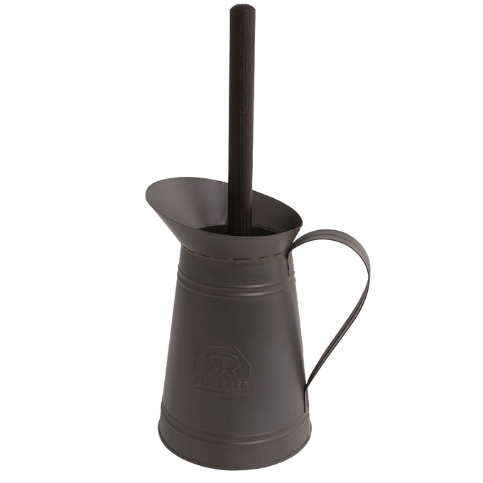 Sleek dark metal holder with a curved handle paired with a toilet brush featuring an oiled thermowood handle, handcrafted for household cleaning and home décor collections.
