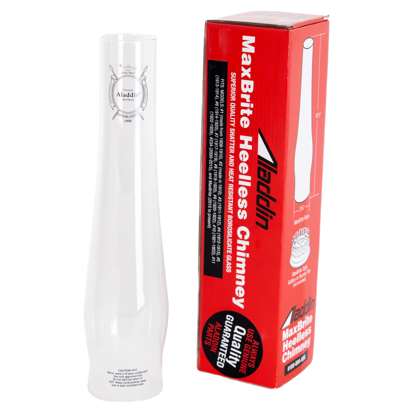 Clear glass oil lamp chimney with printed logo shown next to red packaging emphasizing MAXBrite heel-less design for enhanced brightness, ideal for Lamps & Lighting, Parts and Accessories, Chimneys and Globes, Best Sellers, and Promo Eligible collections.