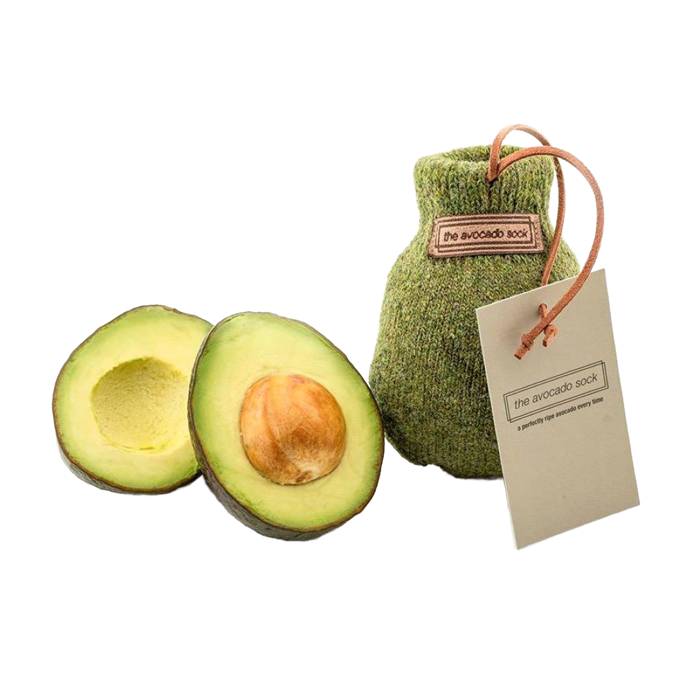 Natural wool avocado sock in olive color with drawstring and tag, designed to ripen a single avocado perfectly, featured in Kitchen & Food and Kitchen Gadgets collections.