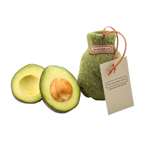 Natural wool avocado sock in olive color with drawstring and tag, designed to ripen a single avocado perfectly, featured in Kitchen & Food and Kitchen Gadgets collections.