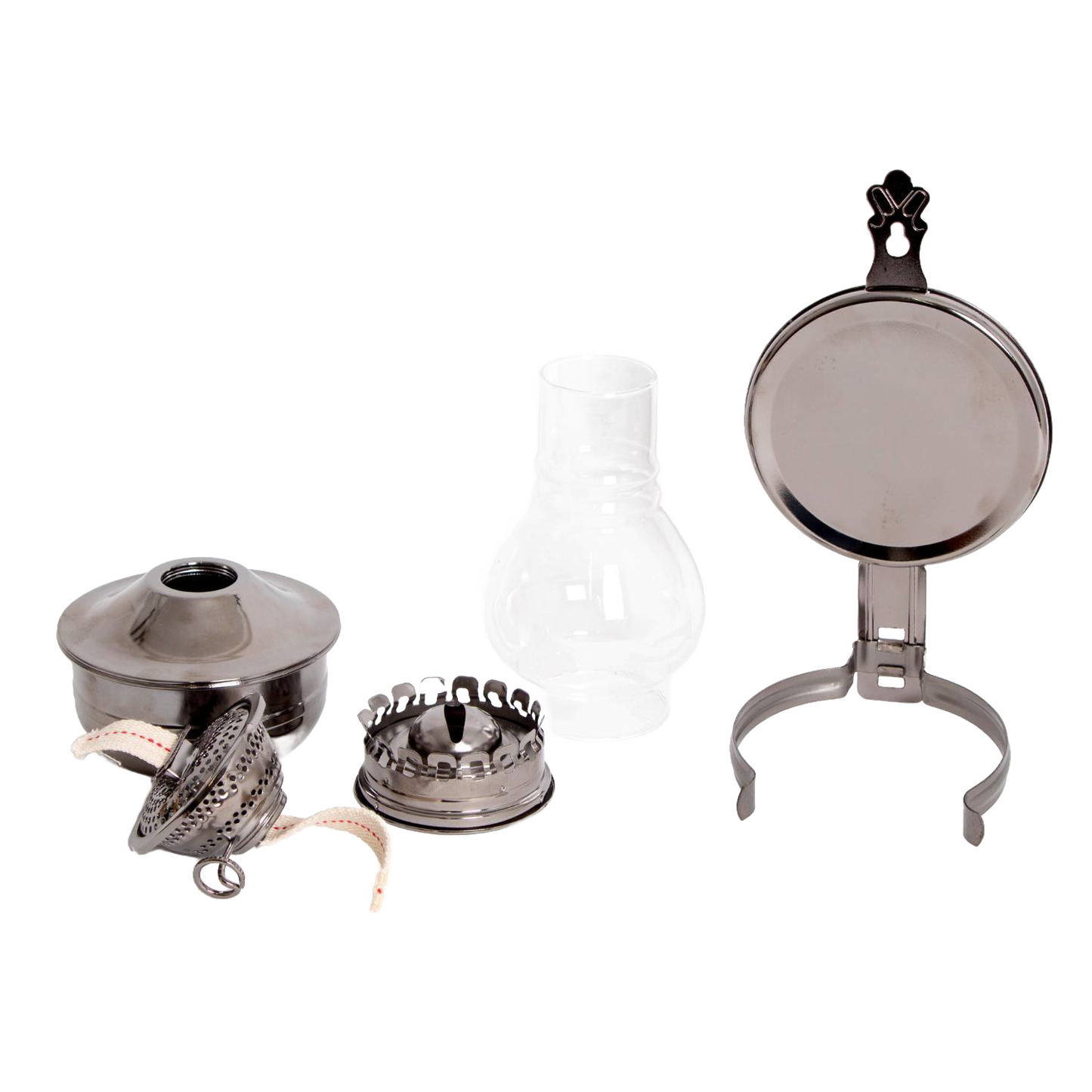 Disassembled wall-mounted oil lamp with painted pewter-like finish, featuring a clear ribbed glass chimney, wick assembly, round reflector, and sturdy bracket for lamps & lighting and oil lamps collections.