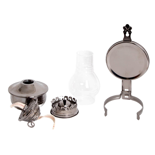 Disassembled wall-mounted oil lamp with painted pewter-like finish, featuring a clear ribbed glass chimney, wick assembly, round reflector, and sturdy bracket for lamps & lighting and oil lamps collections.
