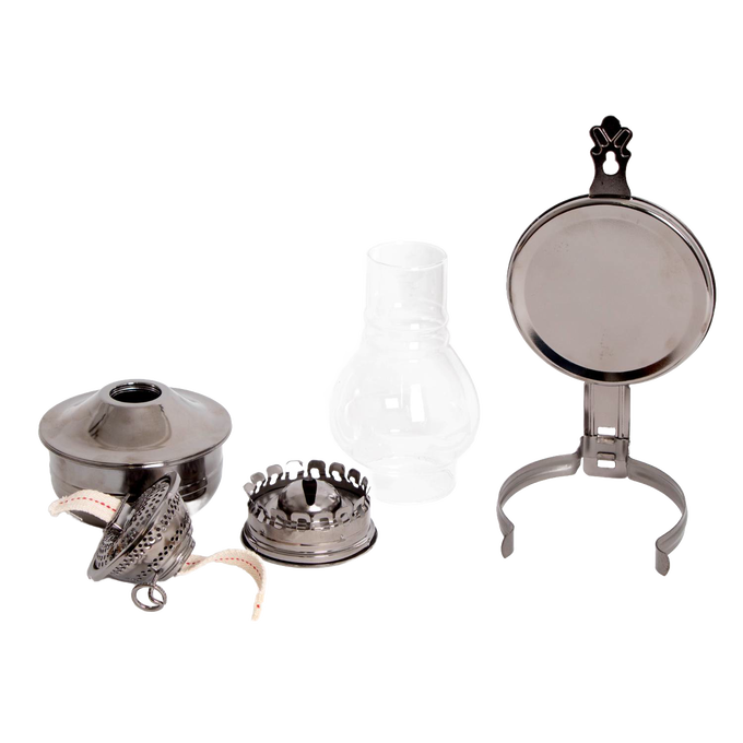 Disassembled wall-mounted oil lamp with painted pewter-like finish, featuring a clear ribbed glass chimney, wick assembly, round reflector, and sturdy bracket for lamps & lighting and oil lamps collections.