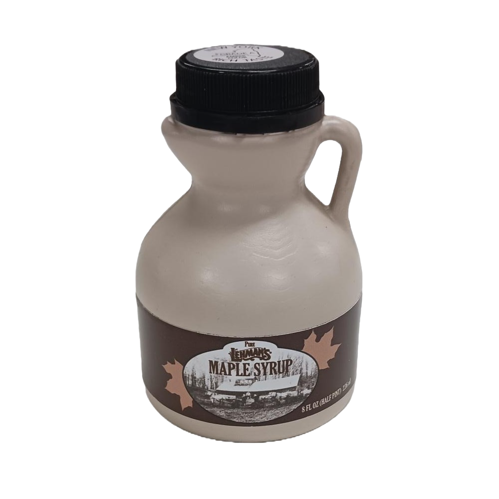 Handcrafted beige jug of medium amber maple syrup with vintage-style label featuring classic maple leaves, ideal for Kitchen & Food, Pantry, USA Made, and Best Sellers collections.