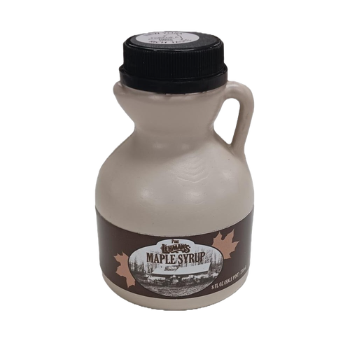 Handcrafted beige jug of medium amber maple syrup with vintage-style label featuring classic maple leaves, ideal for Kitchen & Food, Pantry, USA Made, and Best Sellers collections.
