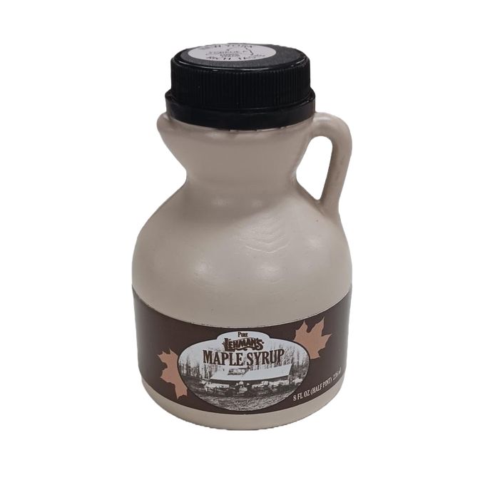 Handcrafted beige jug of medium amber maple syrup with vintage-style label featuring classic maple leaves, ideal for Kitchen & Food, Pantry, USA Made, and Best Sellers collections.