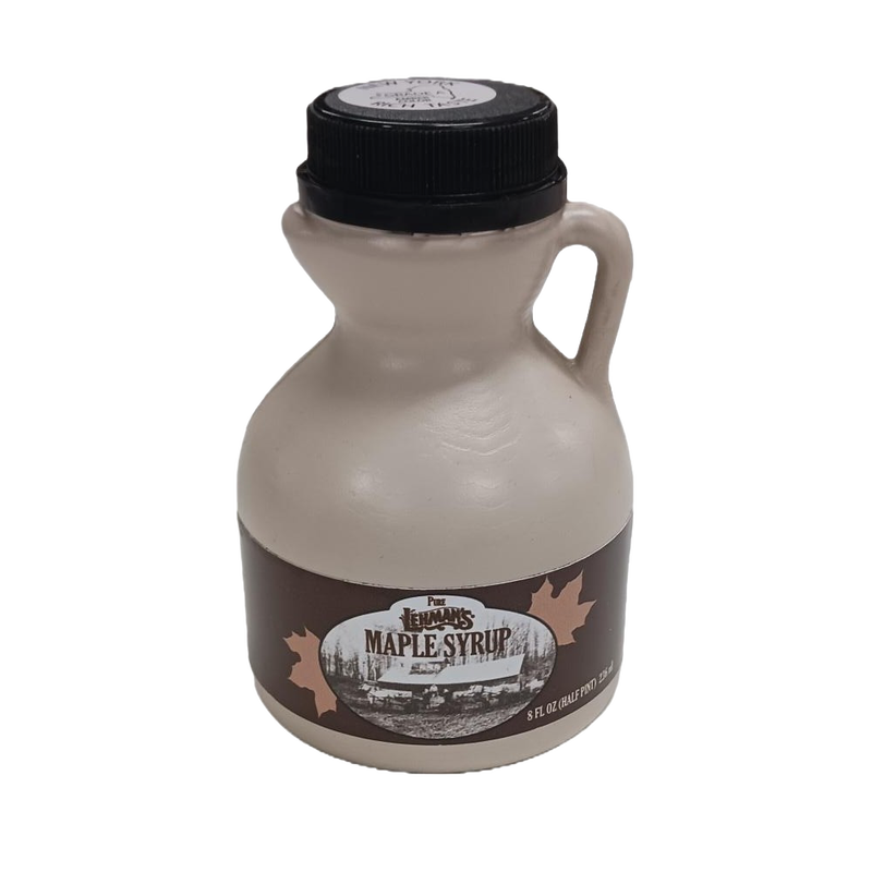 Handcrafted beige jug of medium amber maple syrup with vintage-style label featuring classic maple leaves, ideal for Kitchen & Food, Pantry, USA Made, and Best Sellers collections.