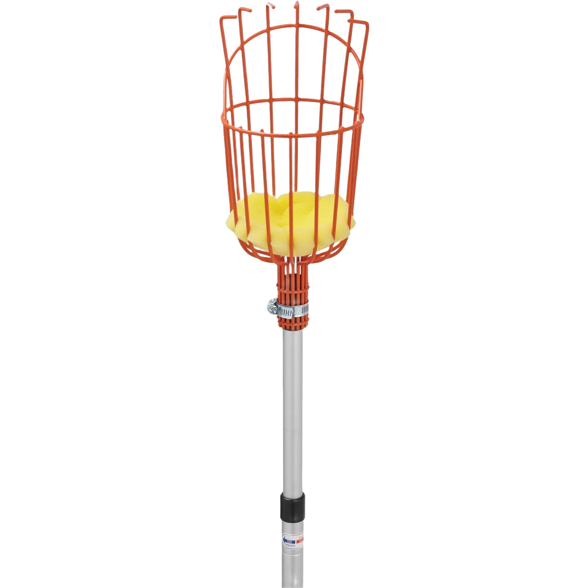 Handcrafted fruit picking basket with enameled steel cage and padded yellow base, attached to a telescoping aluminum pole, ideal for Farm, Garden & Tool and Apple Harvest Supplies collections.