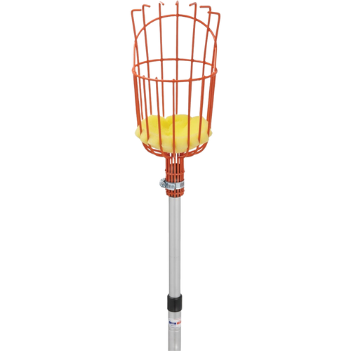 Handcrafted fruit picking basket with enameled steel cage and padded yellow base, attached to a telescoping aluminum pole, ideal for Farm, Garden & Tool and Apple Harvest Supplies collections.
