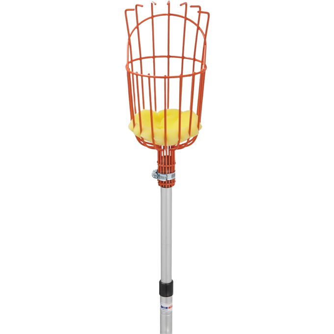 Handcrafted fruit picking basket with enameled steel cage and padded yellow base, attached to a telescoping aluminum pole, ideal for Farm, Garden & Tool and Apple Harvest Supplies collections.