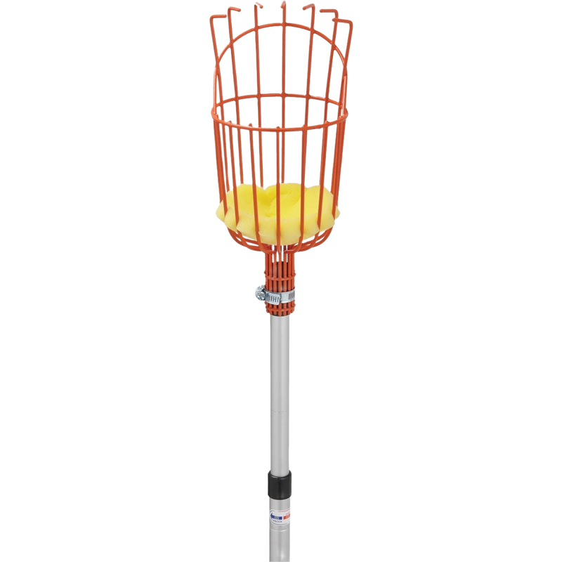 Handcrafted fruit picking basket with enameled steel cage and padded yellow base, attached to a telescoping aluminum pole, ideal for Farm, Garden & Tool and Apple Harvest Supplies collections.