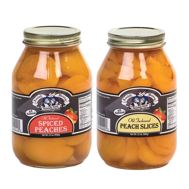 Two glass jars of handcrafted old-fashioned canned peaches featuring spiced peaches and peach slices, made in USA, ideal for Kitchen & Food, Pantry, USA Made, Best Sellers, and Promo Eligible collections.