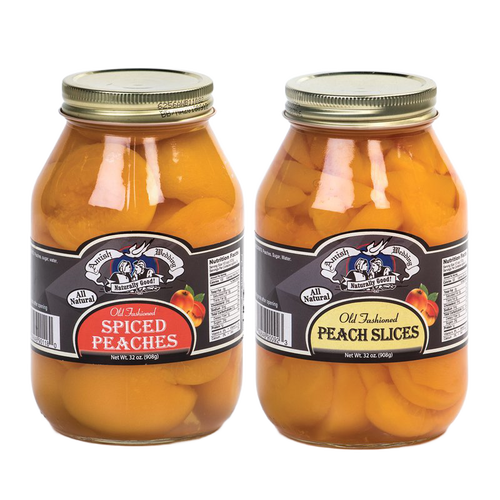 Two glass jars of handcrafted old-fashioned canned peaches featuring spiced peaches and peach slices, made in USA, ideal for Kitchen & Food, Pantry, USA Made, Best Sellers, and Promo Eligible collections.
