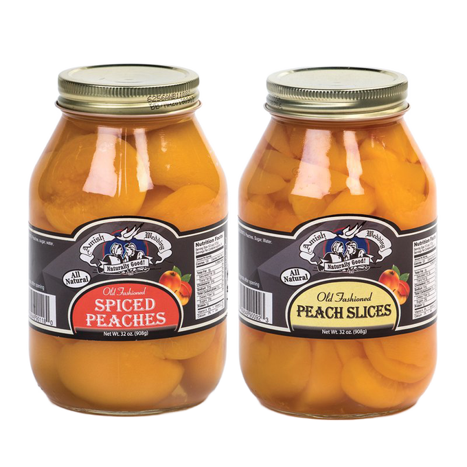 Two glass jars of handcrafted old-fashioned canned peaches featuring spiced peaches and peach slices, made in USA, ideal for Kitchen & Food, Pantry, USA Made, Best Sellers, and Promo Eligible collections.