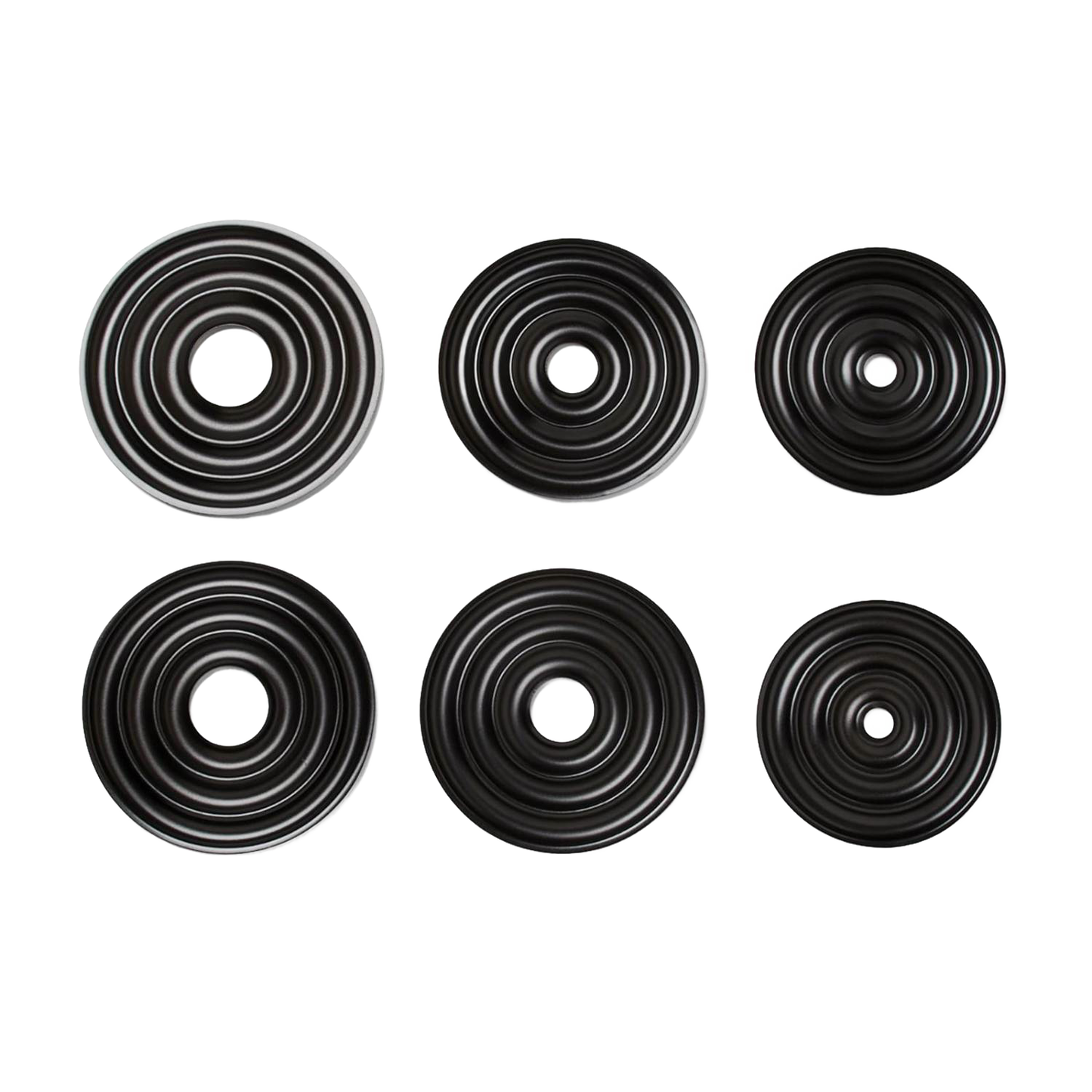 Set of six graduated nonstick steel ring molds arranged in two rows, designed for creating traditional Norwegian wedding cakes, ideal for Kitchen & Food, Cookware, and Baking Supplies collections.