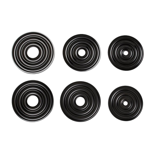 Set of six graduated nonstick steel ring molds arranged in two rows, designed for creating traditional Norwegian wedding cakes, ideal for Kitchen & Food, Cookware, and Baking Supplies collections.
