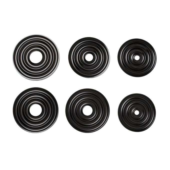 Set of six graduated nonstick steel ring molds arranged in two rows, designed for creating traditional Norwegian wedding cakes, ideal for Kitchen & Food, Cookware, and Baking Supplies collections.