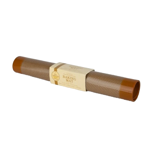 Rolled half-size non-stick baking mat made of brown and clear silicone with woven glass fibers for even heat transfer, part of Kitchen & Food, Cookware, and Baking Supplies collections.